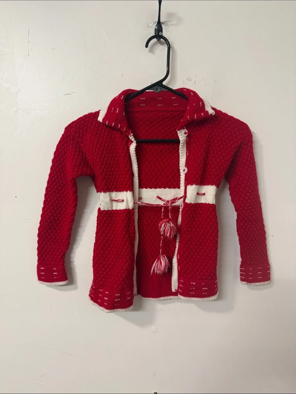 Girls Red Knit Hooded Cardigan with White Trim